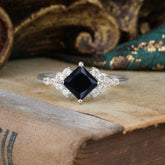 4 Prong Dainty Princess Cut Black Onyx Enagement Ring Vintage Side Stone Ring